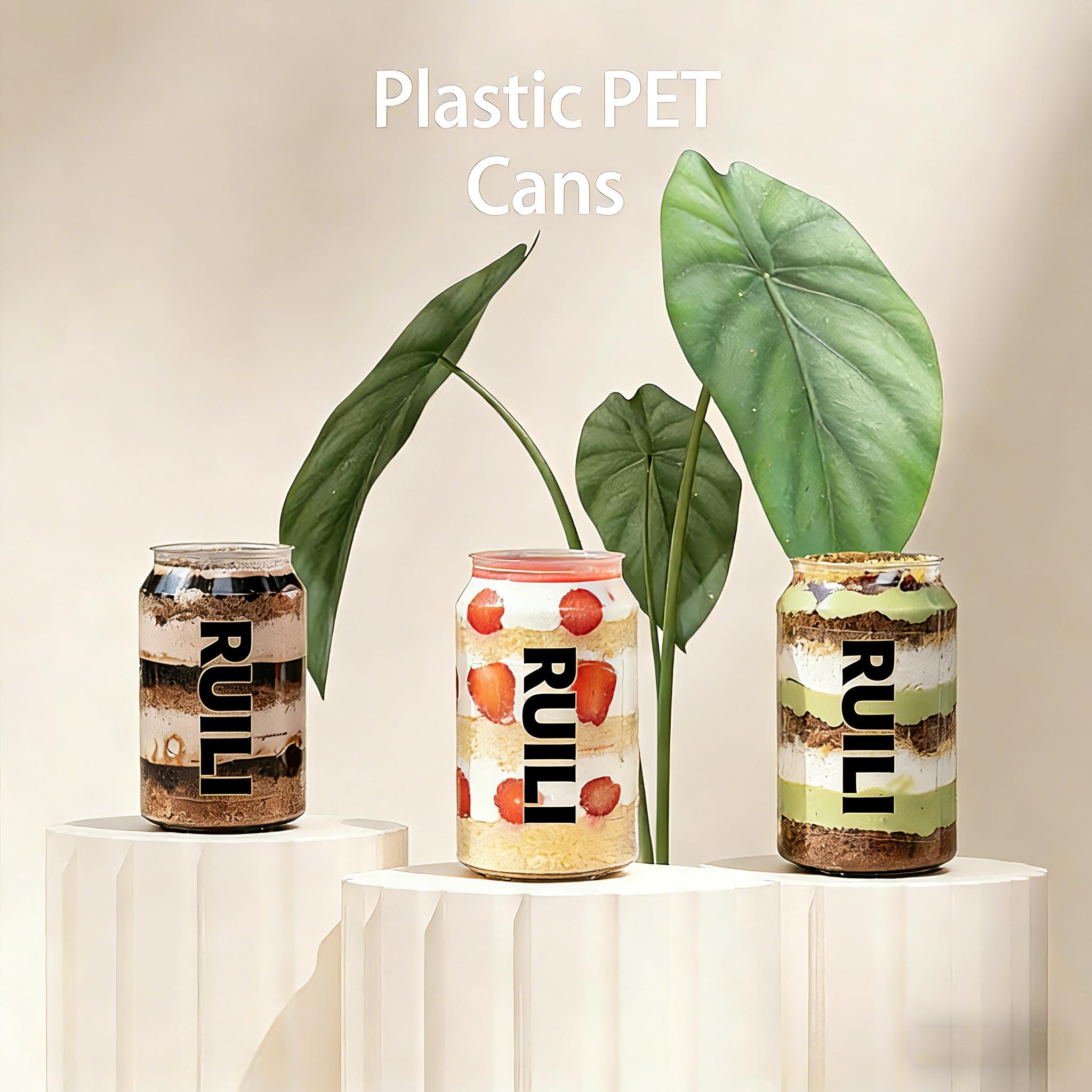 Transparent PET plastic cans showing design and branding potential