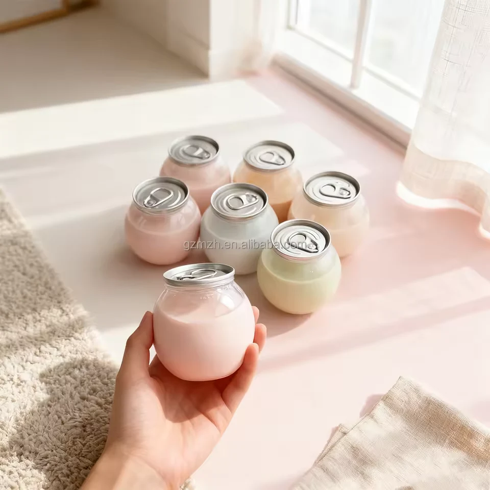 Mini round clear PET cans 210ml with aluminum easy-open lids for desserts and mini drinks